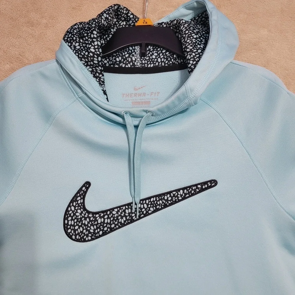 Nike Therma-FIT Hoodie Pullover Sweatshirt Floral Swoosh Light Blue L‎ FLAW